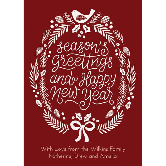 Red Season's Greetings Wreath Flat Holiday Cards